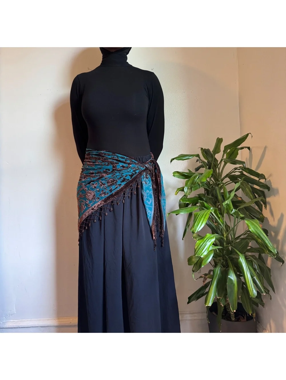Y2K Whimsigoth Teal Beaded Burnout Velvet Scarf Sheer Devore Hip Scarf Top